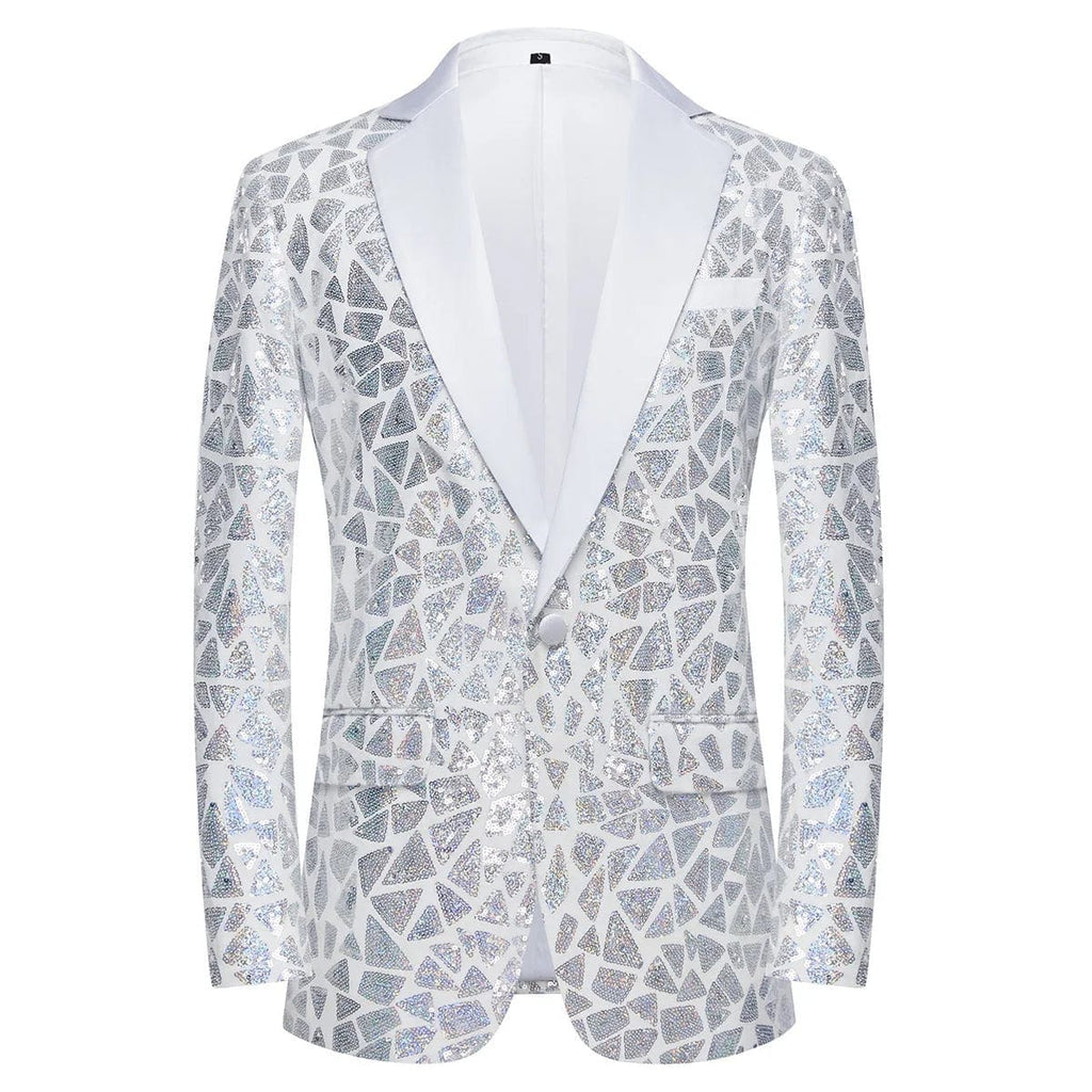 Men's shiny laser sequin blazer by SHOWLU FASHION, featuring a one-button tuxedo jacket with shawl lapel for wedding or nightclub.