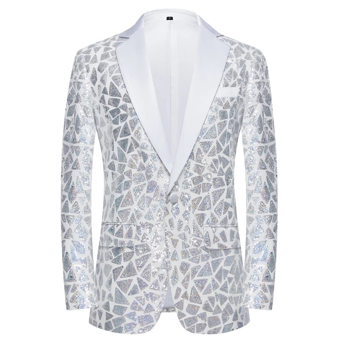 Men's shiny laser sequin blazer by SHOWLU FASHION, featuring a one-button tuxedo jacket with shawl lapel for wedding or nightclub.