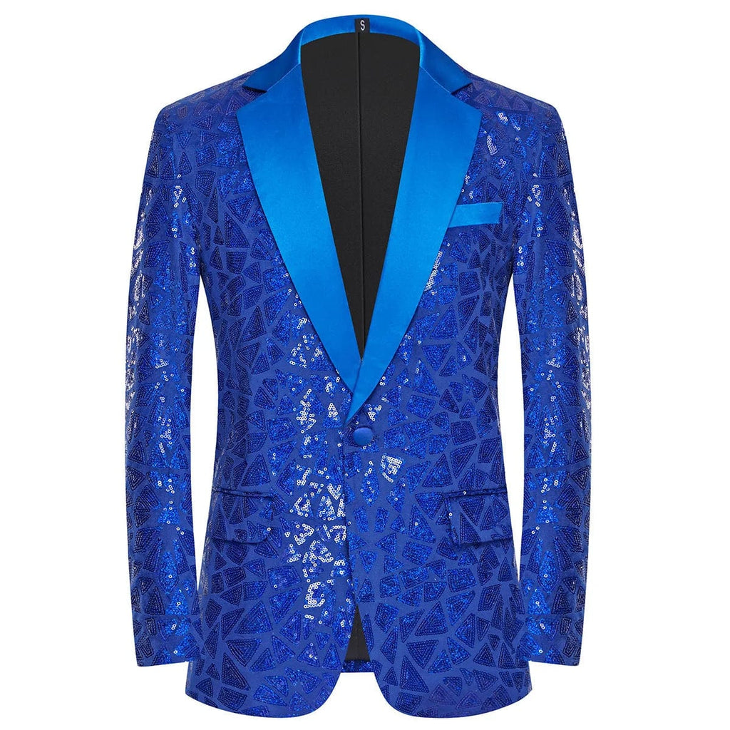 Shiny men's laser sequin blazer with shawl lapel, one button, perfect for wedding, tuxedo, or nightclub events.