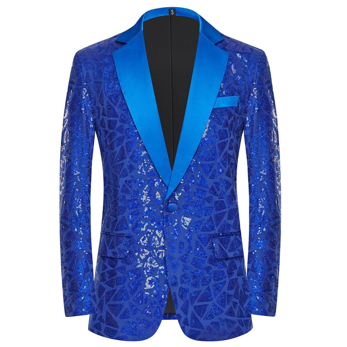 Shiny men's laser sequin blazer with shawl lapel, one button, perfect for wedding, tuxedo, or nightclub events.