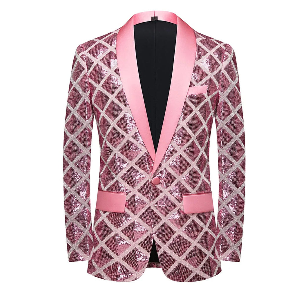 Shiny men's laser sequin blazer with shawl lapel and one-button closure, ideal for wedding, tuxedo, or nightclub events.