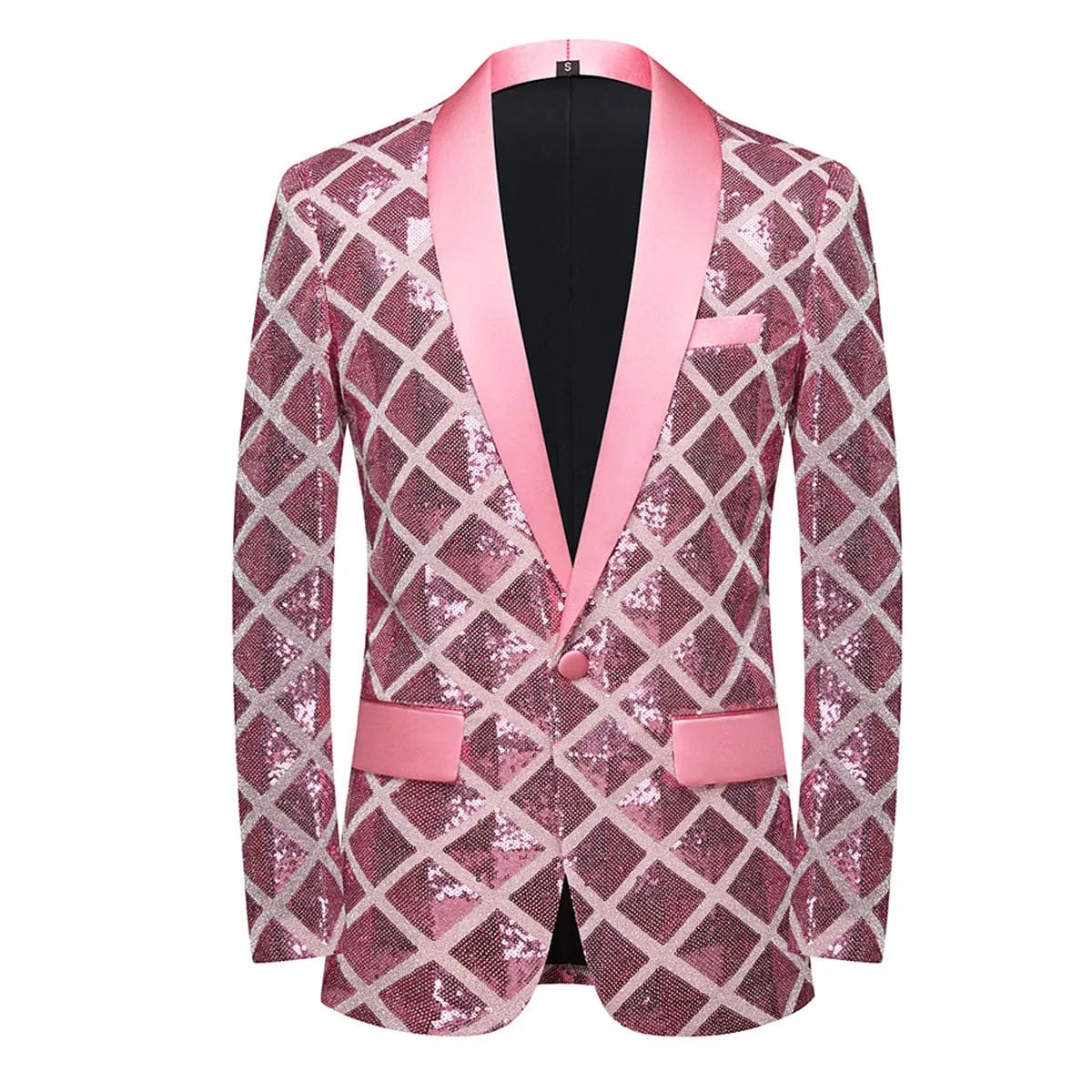 Shiny men's laser sequin blazer with shawl lapel and one-button closure, ideal for wedding, tuxedo, or nightclub events.