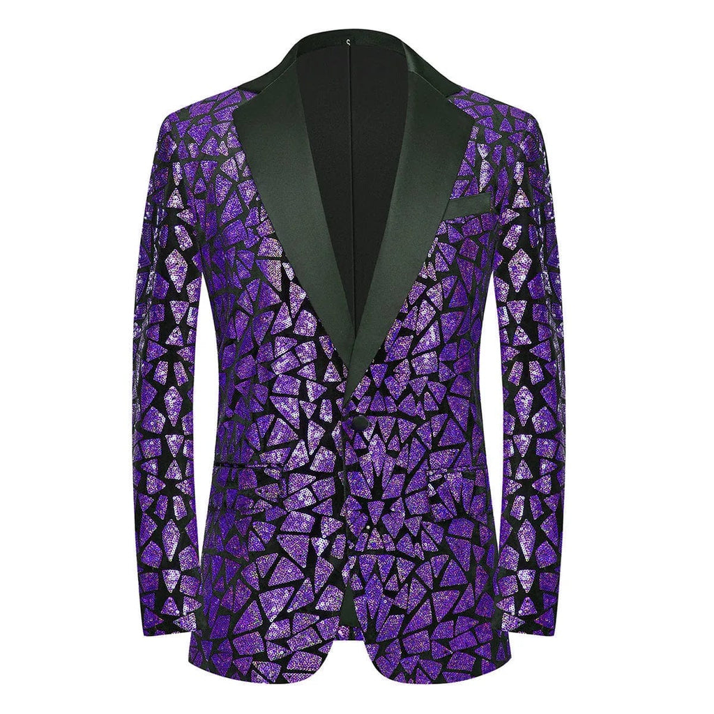 ShowLU Fashion Men's Laser Sequin Blazer with shawl lapel, single button, shiny tuxedo jacket for wedding or nightclub events.