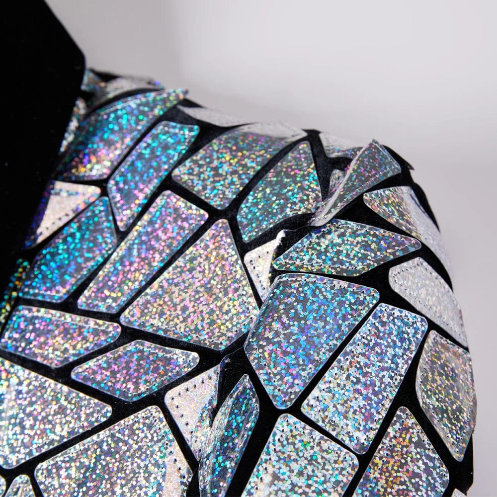 Men's laser sequin blazer by SHOWLU FASHION, shiny tuxedo jacket with one button and shawl lapel for wedding or nightclub events.