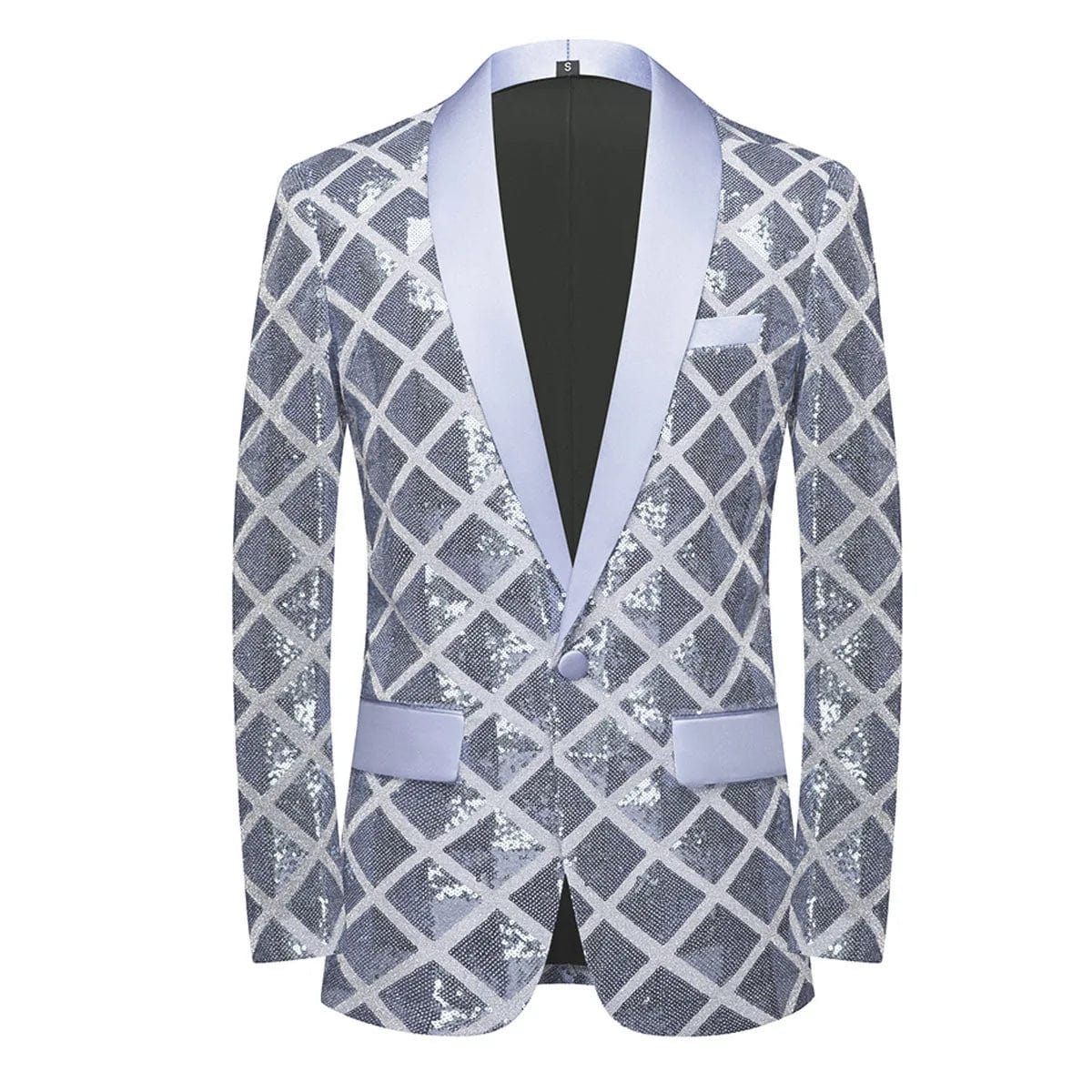 Men's shiny laser sequin blazer with one button and shawl lapel, perfect for wedding, party, or nightclub events.