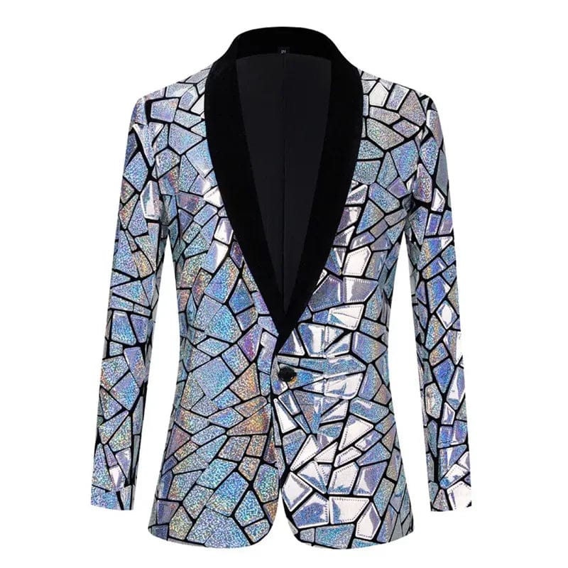Men's laser sequin blazer by SHOWLU FASHION, shiny tuxedo jacket with one button, ideal for wedding and party occasions.