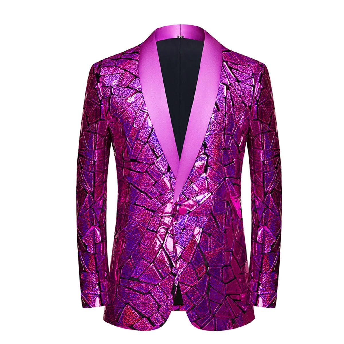 Men's shiny laser sequin blazer with shawl lapel and one-button design, ideal for wedding, party, or nightclub events.