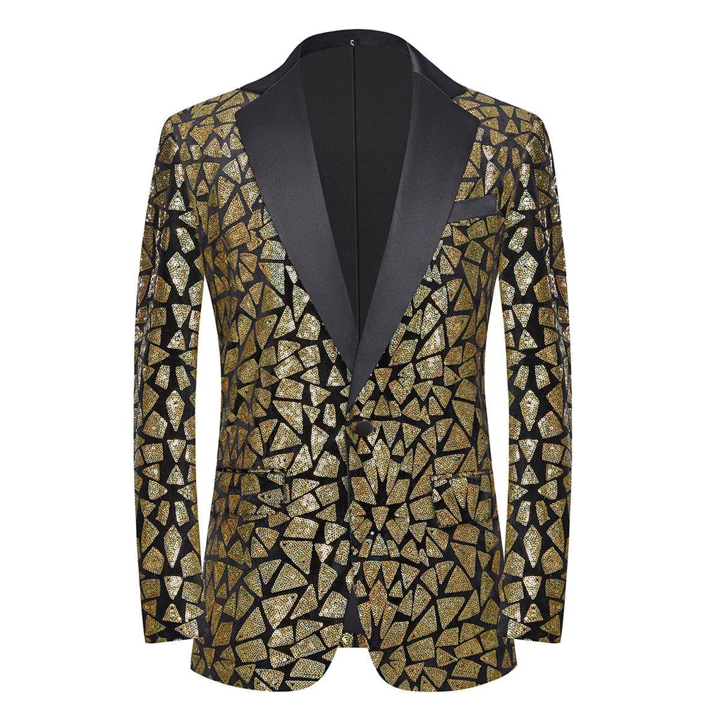Men’s shiny laser sequin blazer with shawl lapel, one-button tuxedo jacket, ideal for wedding, party, or nightclub events.