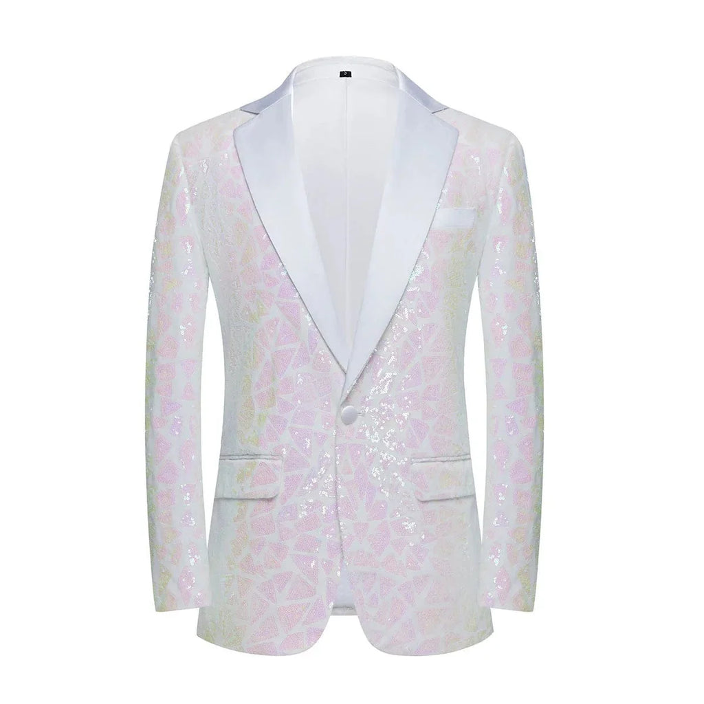 Men's laser sequin blazer by SHOWLU FASHION, shiny tuxedo jacket with shawl lapel and one button, perfect for wedding or nightclub.