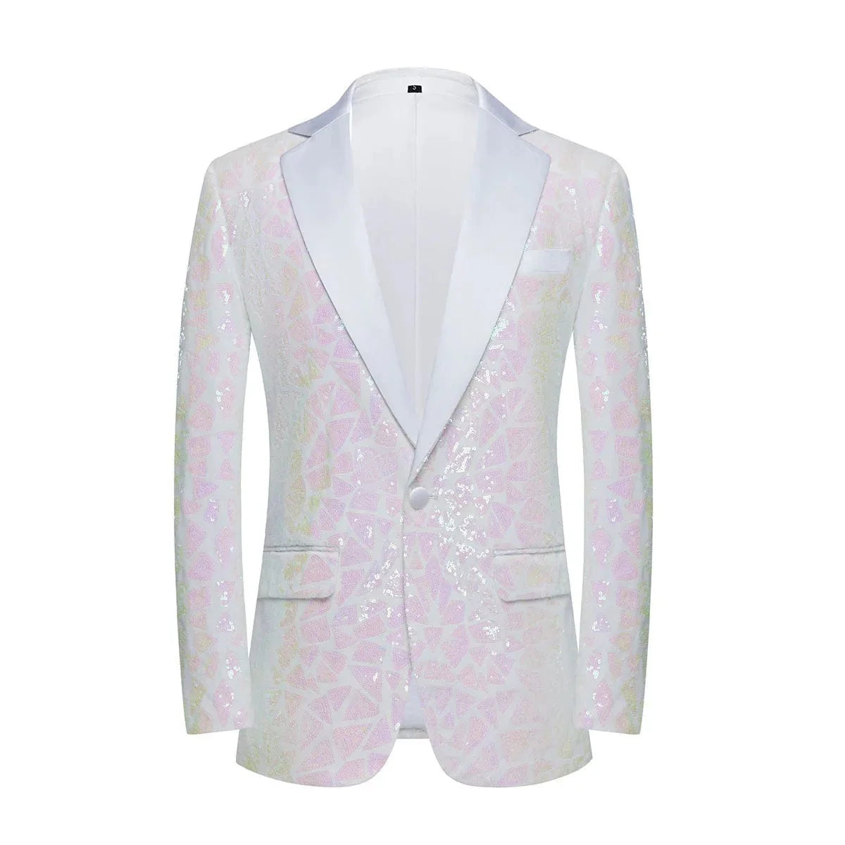 Men's laser sequin blazer by SHOWLU FASHION, shiny tuxedo jacket with shawl lapel and one button, perfect for wedding or nightclub.