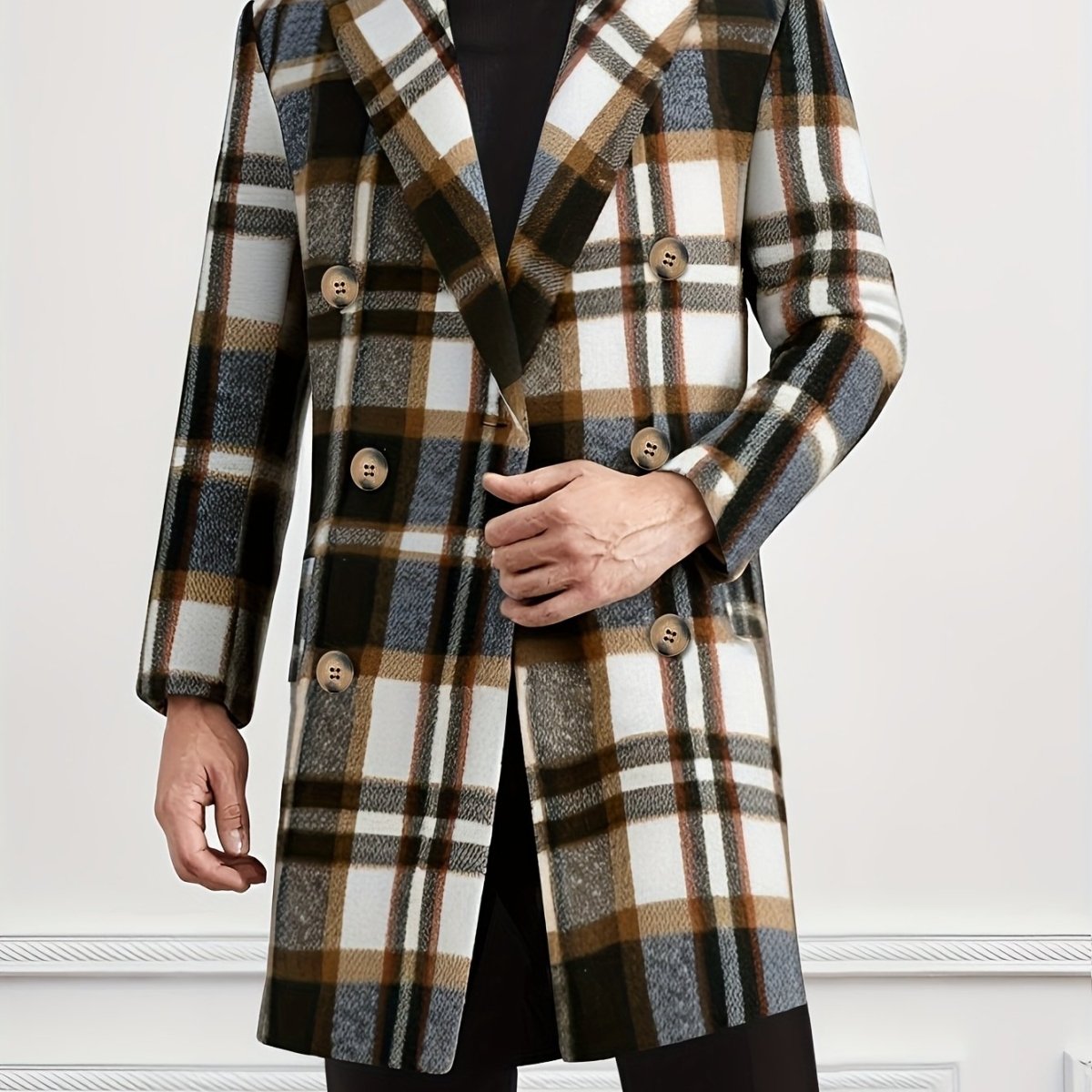 Men's plaid winter coat by SHOWLU FASHION, loose fit warm lapel jacket with stylish plaid pattern for autumn and winter wear.