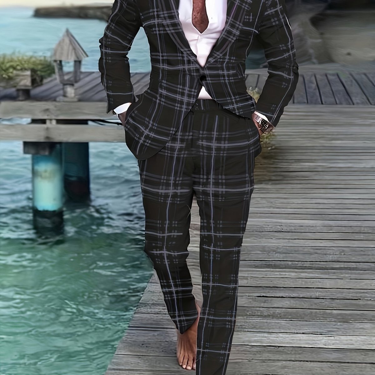 Plus size men's striped casual suit by SHOWLU FASHION featuring skinny fit, polyester fabric, lapel collar, pockets, all-season wear