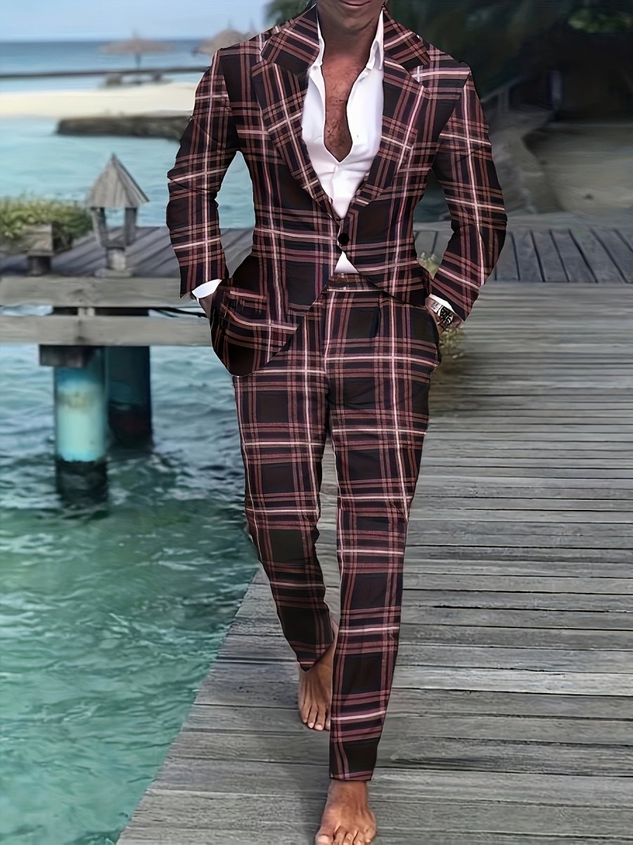 Men's plus size striped casual suit by SHOWLU FASHION STORE, polyester, skinny fit workwear with lapel collar and pockets.
