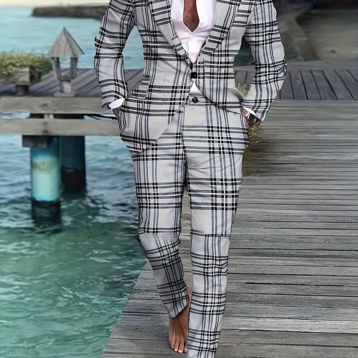 Men's plus size striped casual suit by SHOWLU FASHION STORE, skinny fit workwear with lapel collar and pockets, all-season polyester fabric