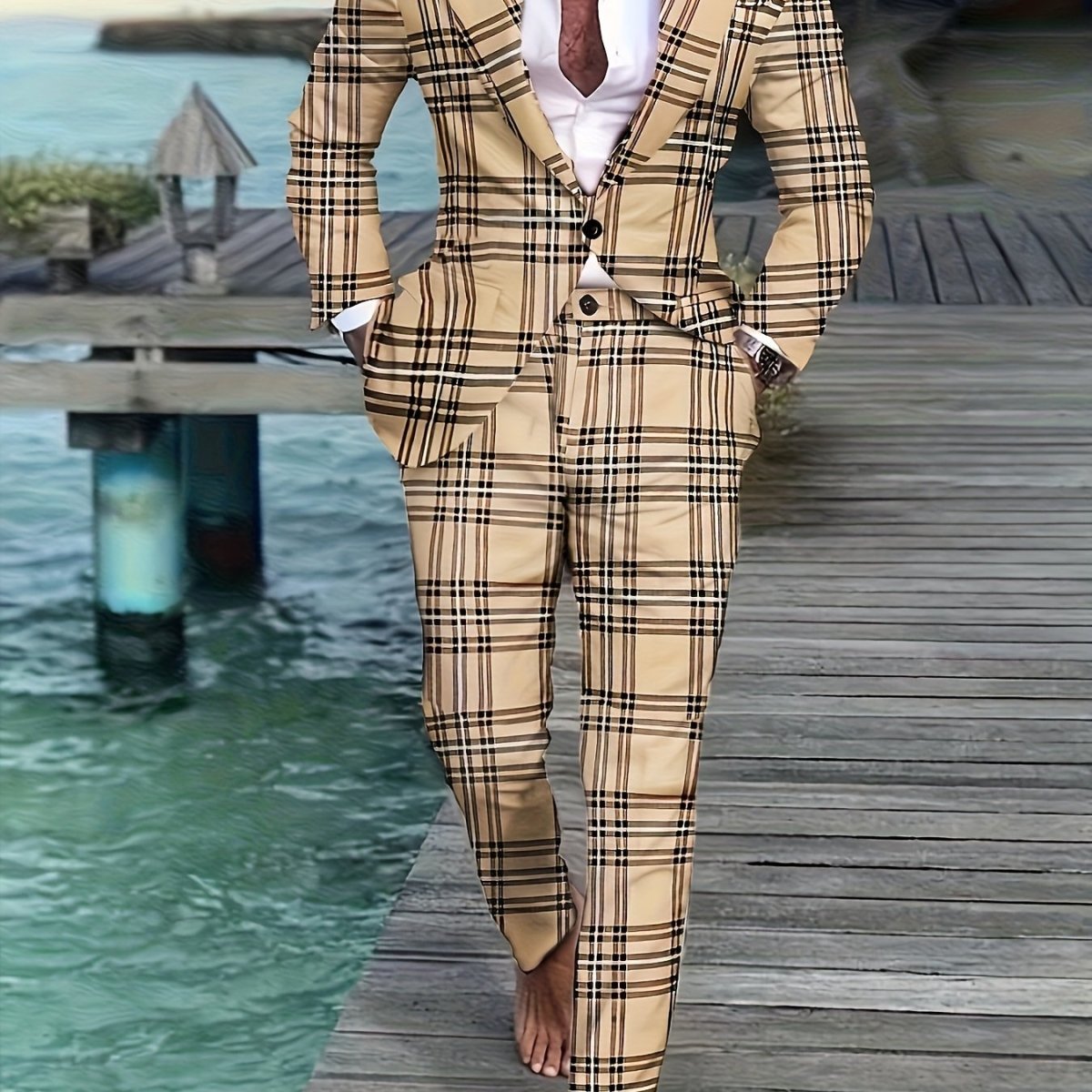 Men's plus size striped casual suit by SHOWLU FASHION STORE, featuring skinny fit, lapel collar, pockets, and all-season polyester fabric.