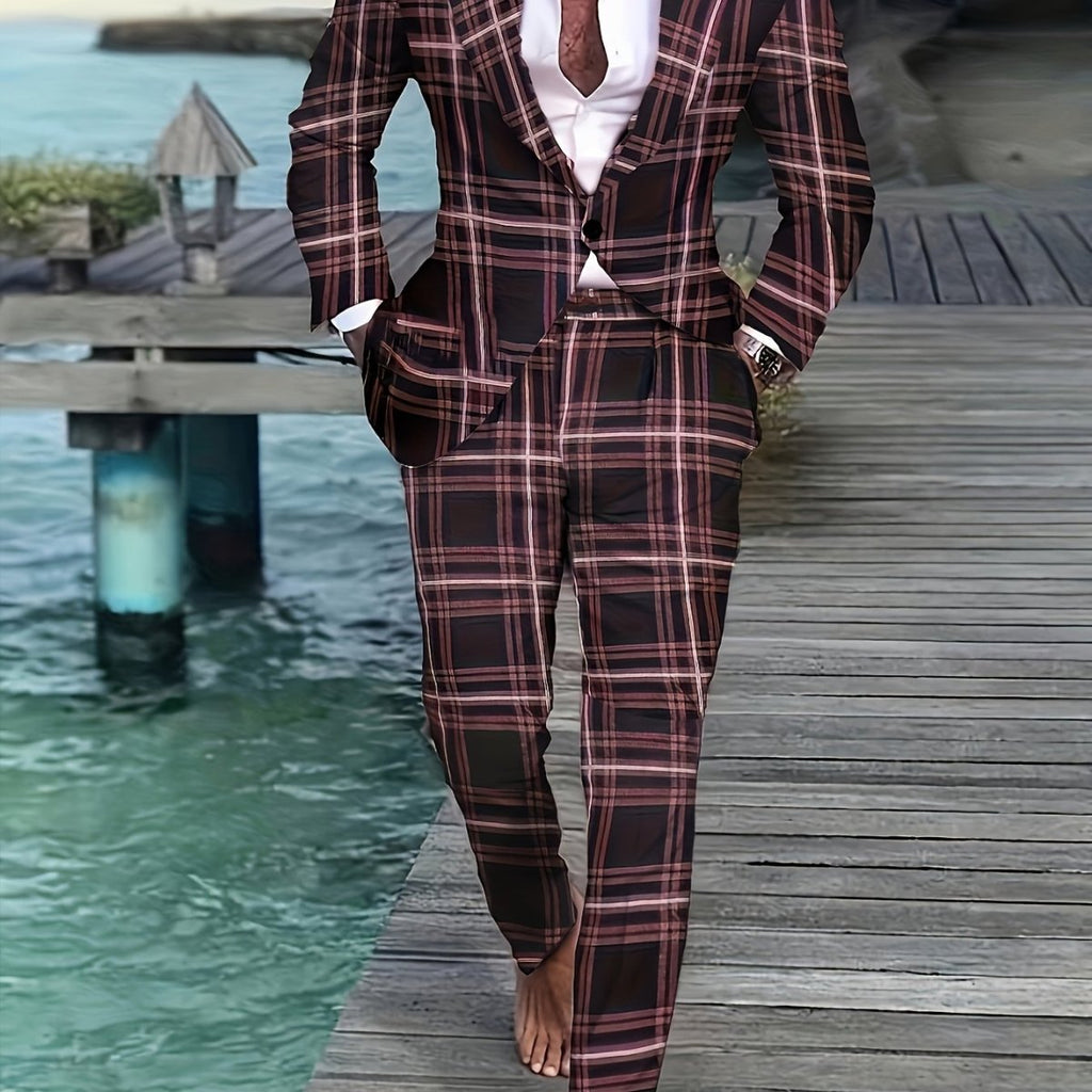 Men's plus size striped casual suit by SHOWLU FASHION STORE, featuring skinny fit workwear, polyester fabric, lapel collar, and pockets.