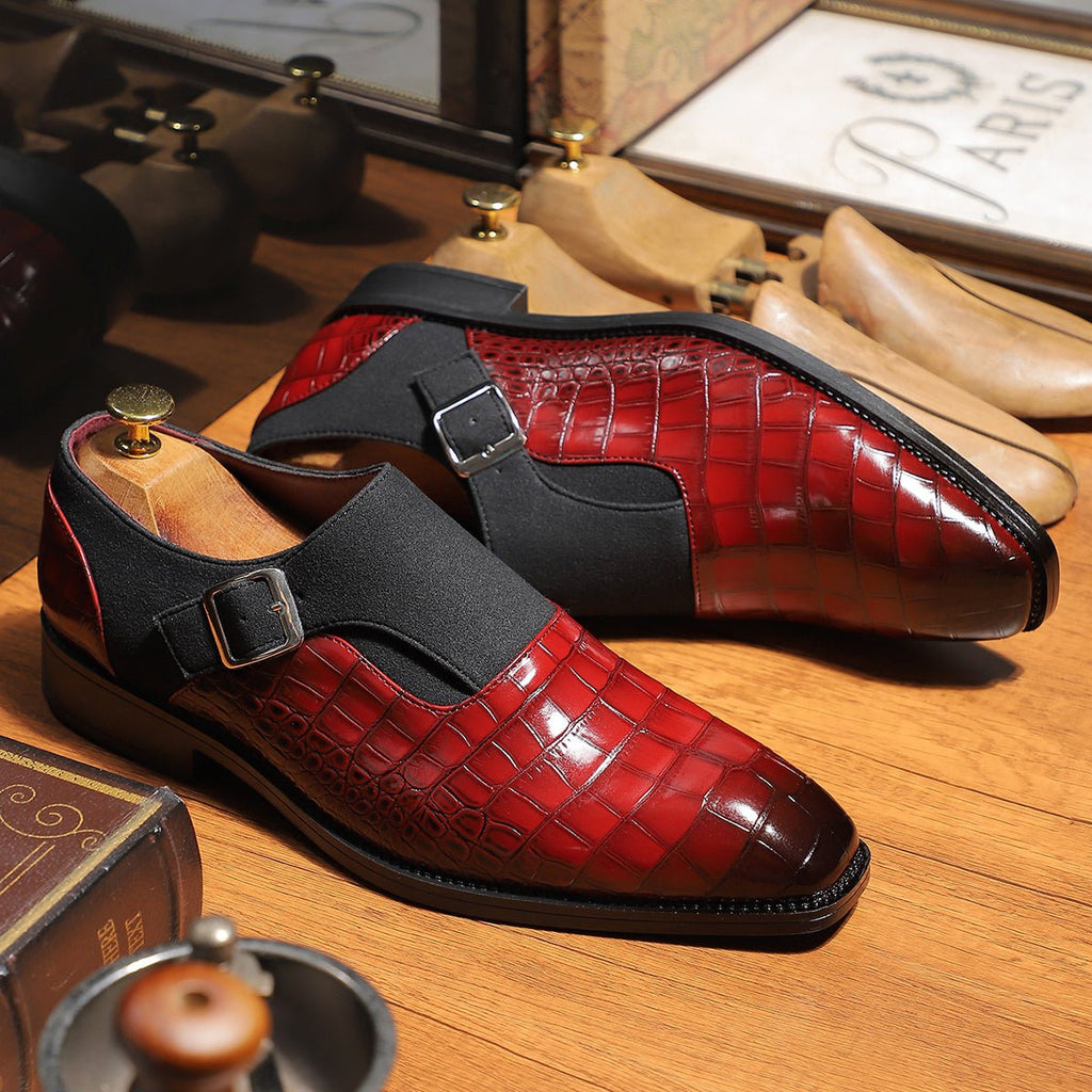 Men's navy blue monk strap shoes with crocodile pattern, pointed toe, adjustable buckle, slip-on design, suitable for formal occasions