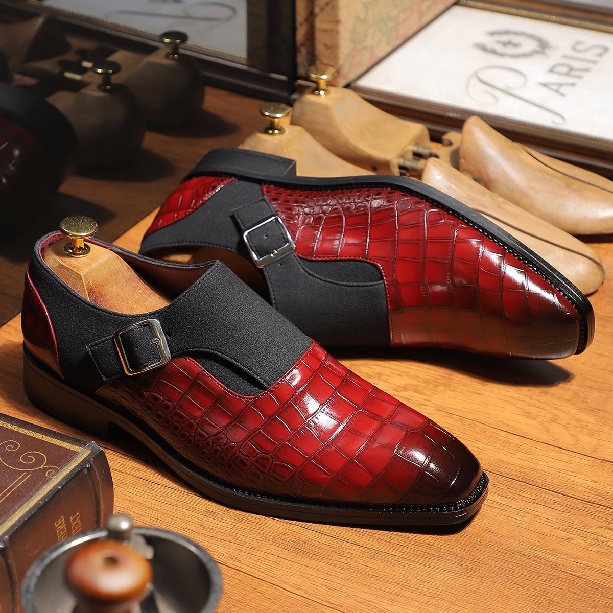 Men's navy blue monk strap shoes with crocodile pattern, pointed toe, adjustable buckle, slip-on design, suitable for formal occasions