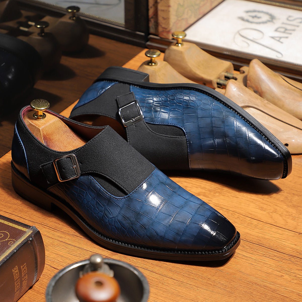 Men's navy blue monk strap shoes with crocodile pattern, pointed toe, adjustable buckle, slip-on design, formal dress shoes for men