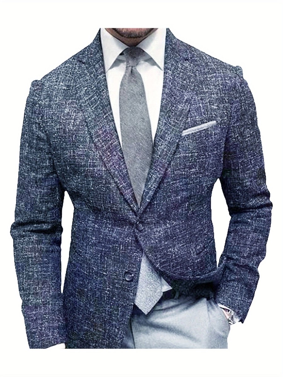 Solid navy SHOWLU men's polyester blazer with notched lapel, long sleeves, single-breasted design, suitable for business or casual wear.