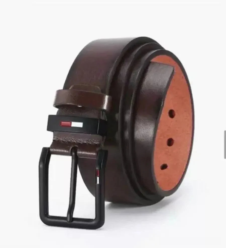 Men's PU leather belt with square alloy pin buckle in black and brown, stylish waistbelt for business and casual wear.