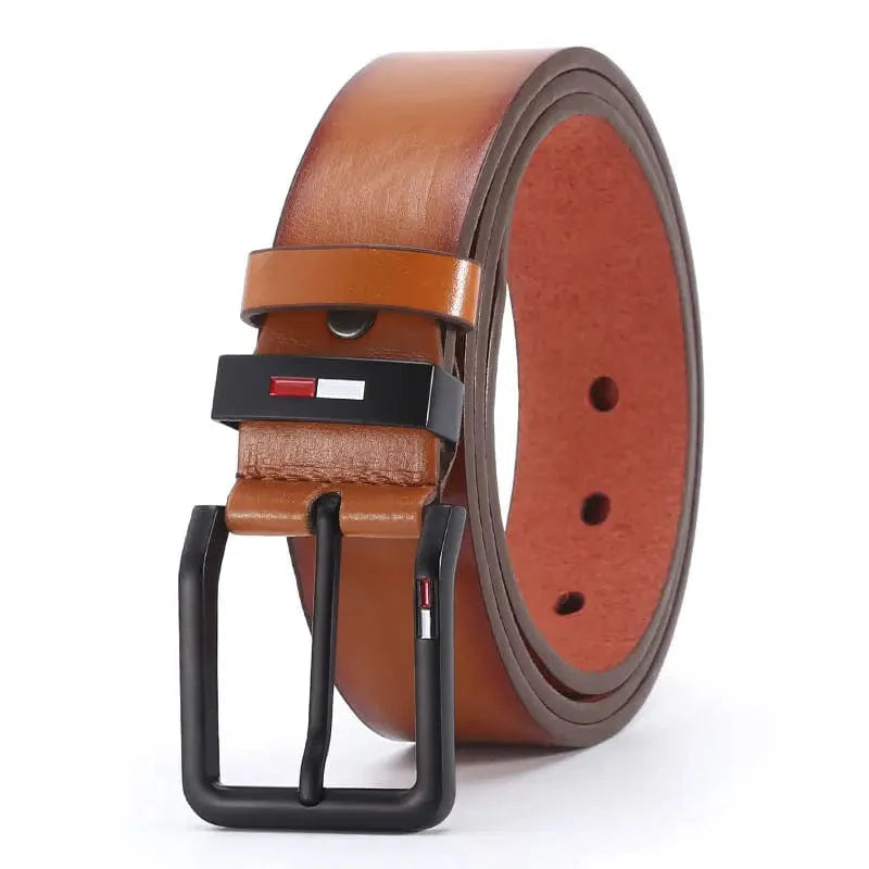 Men's PU leather belt with square alloy pin buckle in black and brown, stylish waistbelt for business and leisure wear.