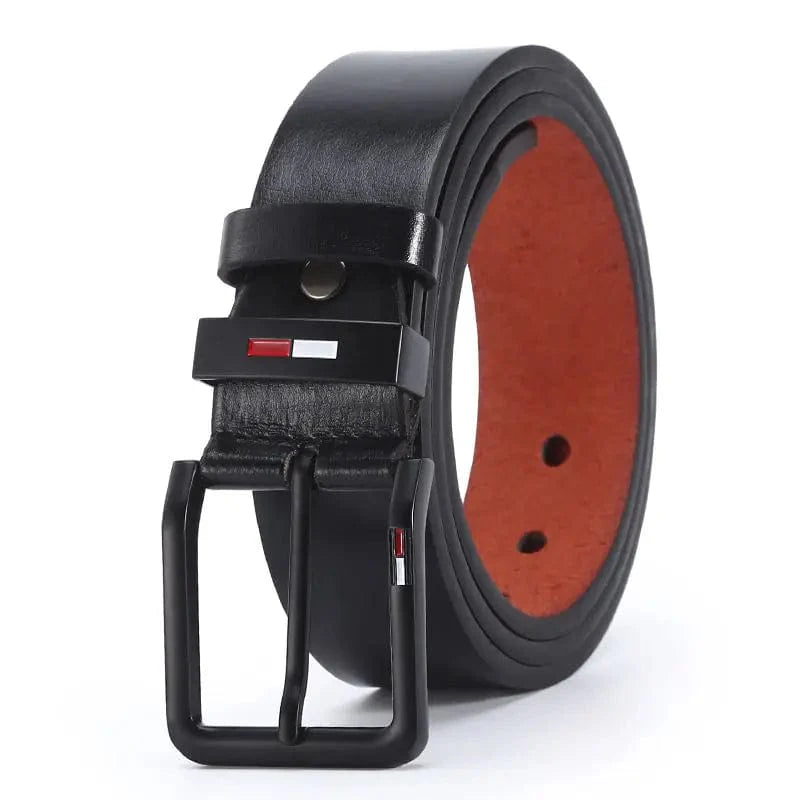 Men's PU leather belt with square alloy pin buckle, available in black and brown, stylish waist belt for business and leisure wear.
