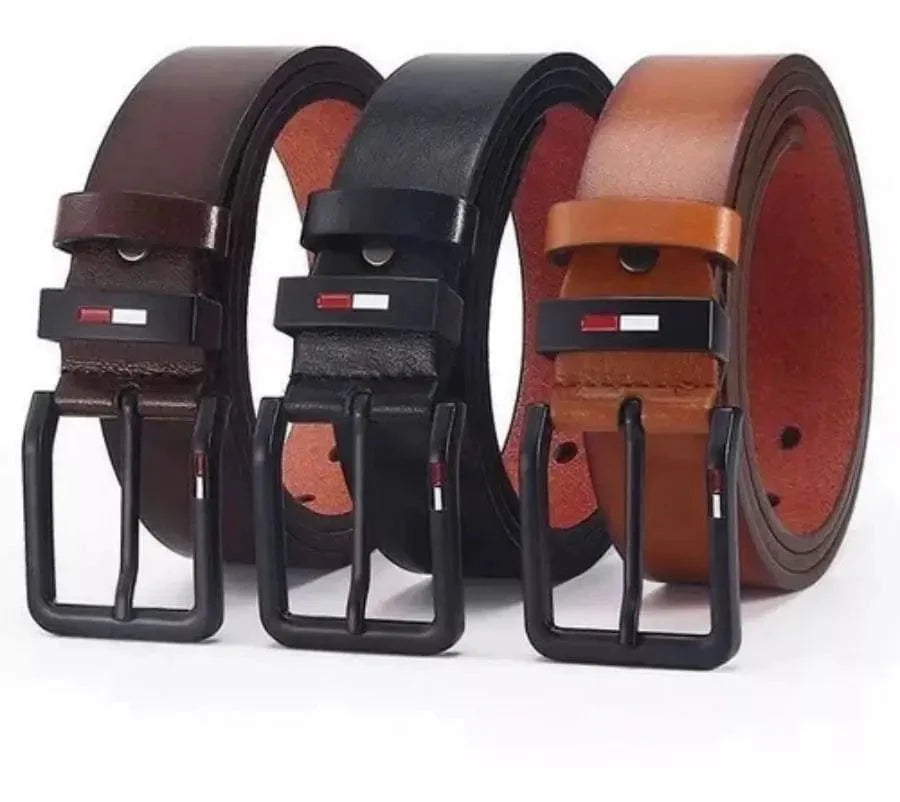 Showlu Fashion men's PU leather belt with square alloy pin buckle in black and brown, stylish waistband for business and leisure.