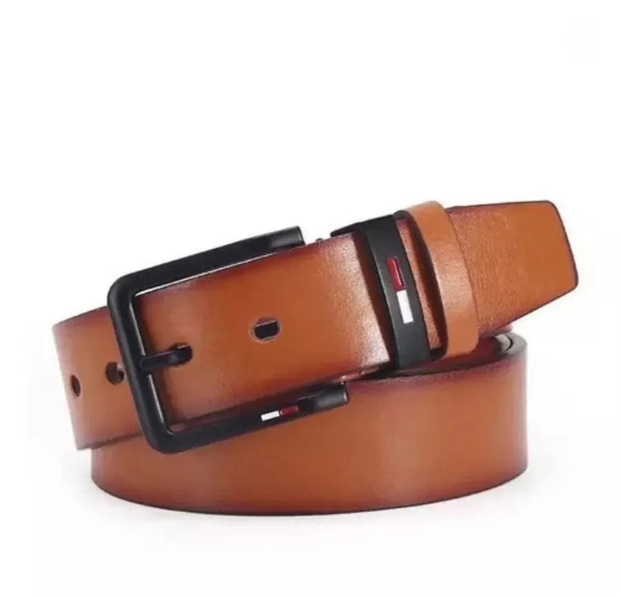 Men's PU leather belt with square alloy pin buckle in black and brown, stylish waistbelt for business and leisure wear.
