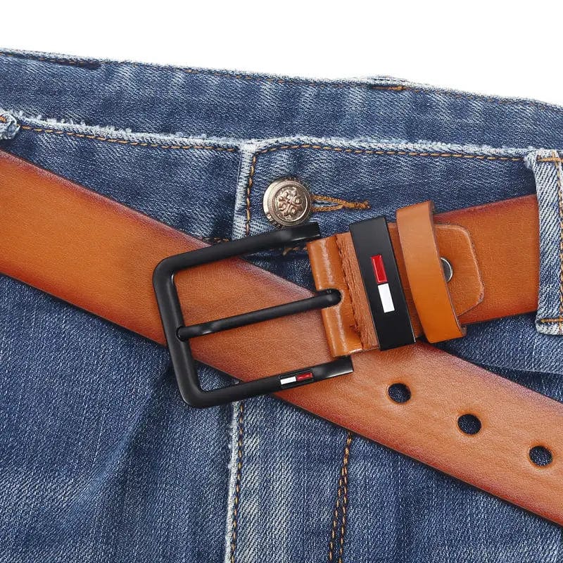 Men's black and brown PU leather belt with square alloy pin buckle, stylish waistband for business and casual wear by Showlu Fashion.
