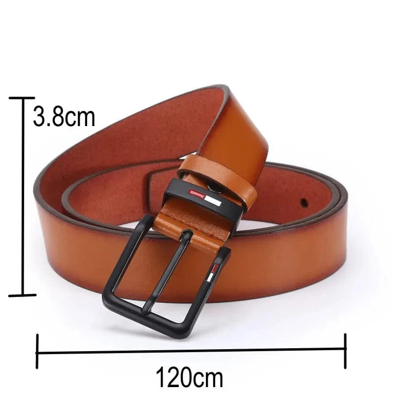Men's PU leather belt with square alloy pin buckle in black and brown, stylish waistband for business and leisure wear.