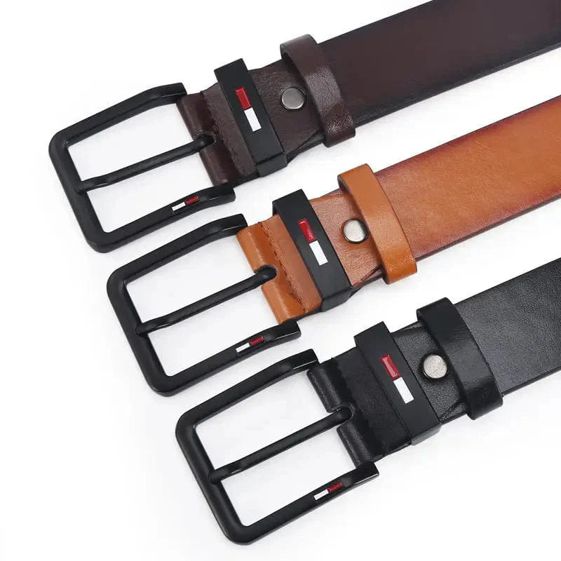 Men's PU leather belt with square alloy pin buckle in black and brown, stylish waistbelt for business and leisure wear.