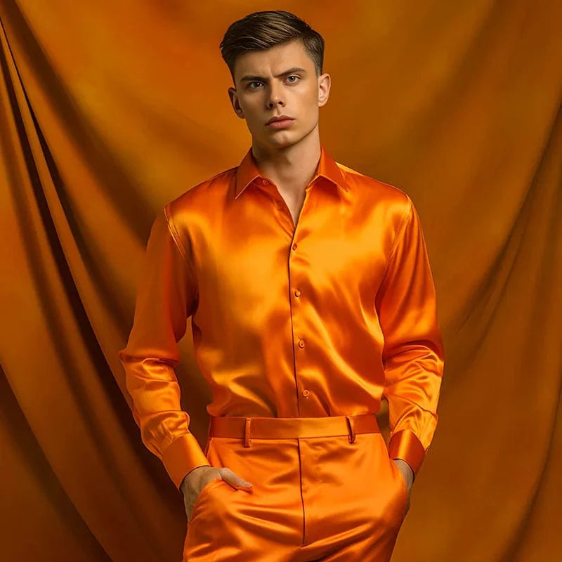Luxury satin men's dress shirt by SHOWLU FASHION, solid silk smooth tuxedo style for wedding, party, or business.
