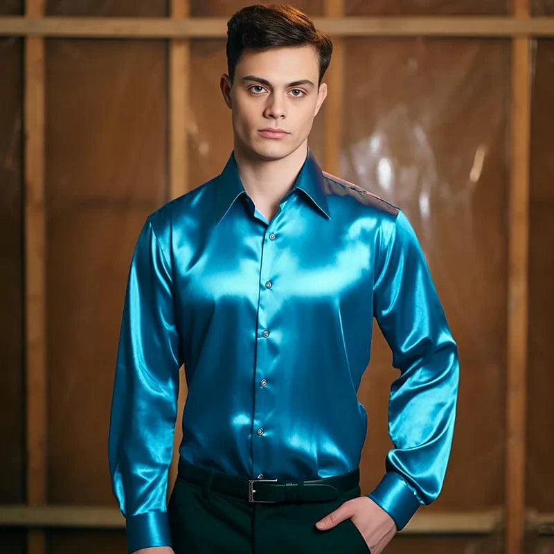 Luxury satin men's dress shirt by SHOWLU FASHION, solid silk tuxedo style, smooth fabric perfect for formal or office wear
