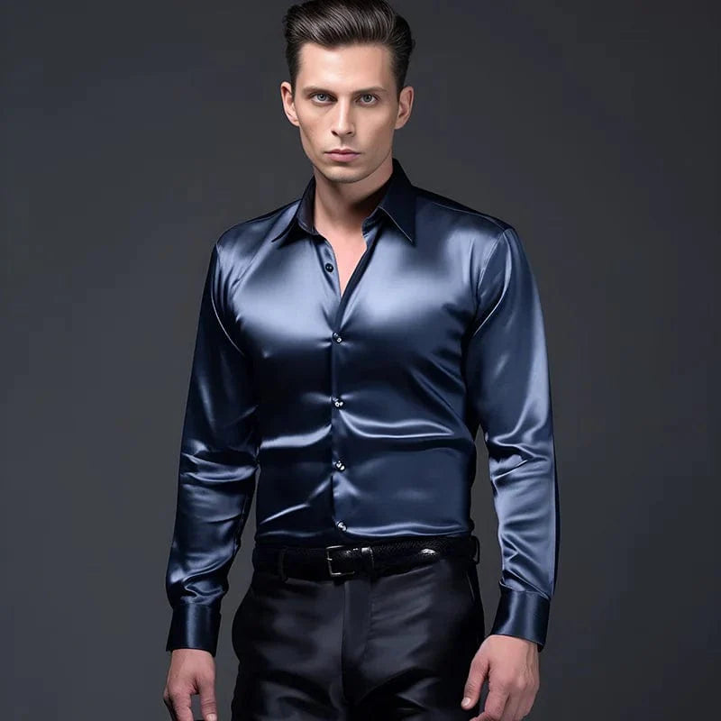 Luxury men's satin dress shirt by SHOWLU FASHION STORE, solid silk smooth tuxedo shirt for wedding, party, or business occasions.