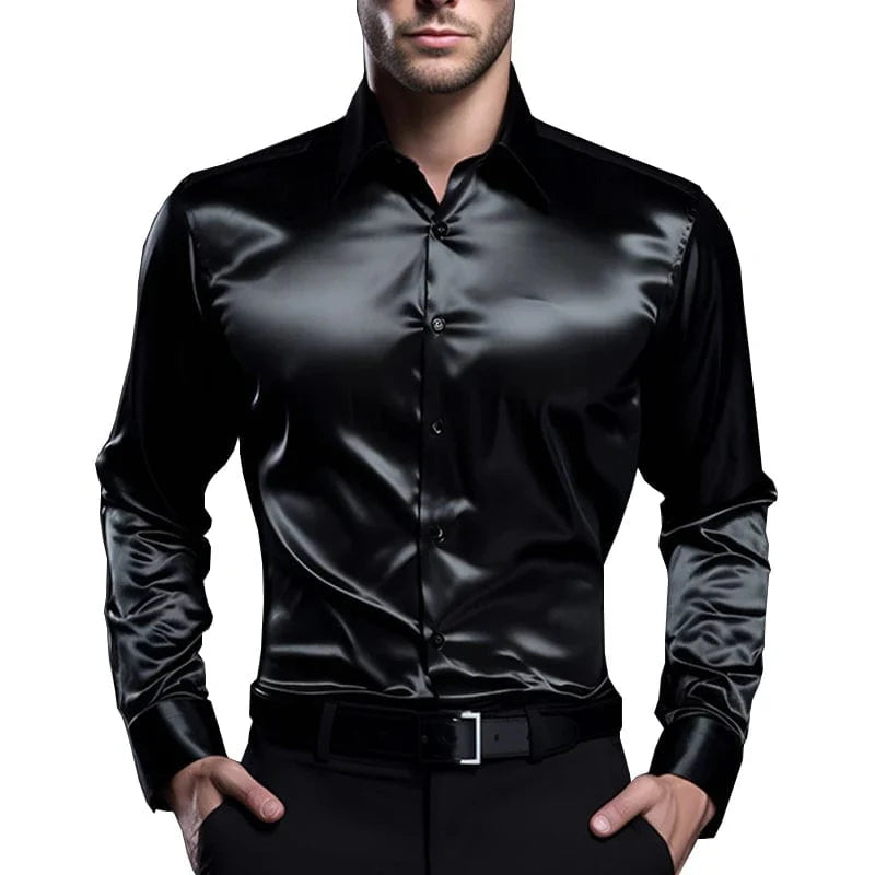 Men's luxury satin dress shirt by SHOWLU FASHION, solid silk smooth tuxedo style for formal or business wear.