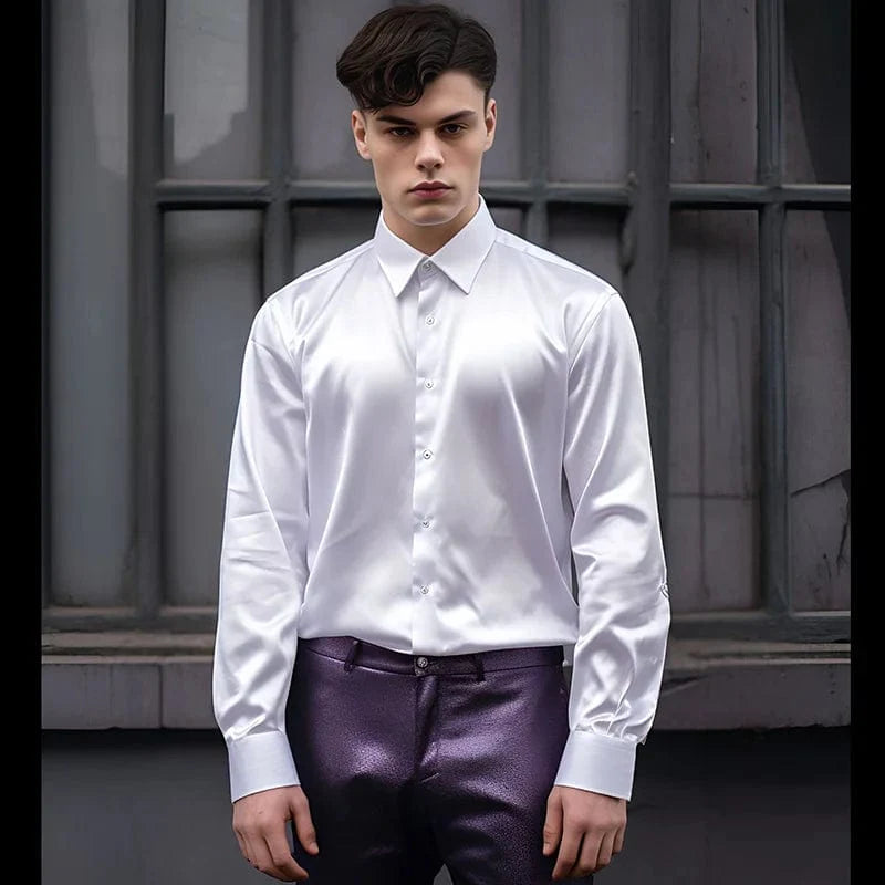 Luxury men's satin dress shirt by SHOWLU FASHION, solid silk tuxedo shirt ideal for wedding, prom, or business attire.