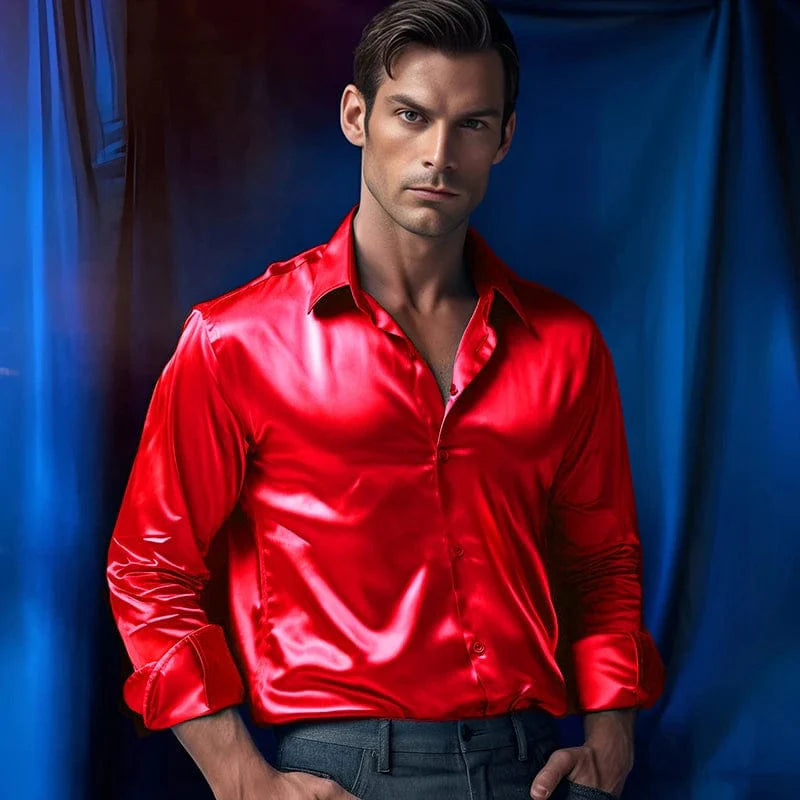 Men's luxury satin dress shirt by SHOWLU FASHION, solid silk smooth tuxedo style for wedding, party, or office wear.