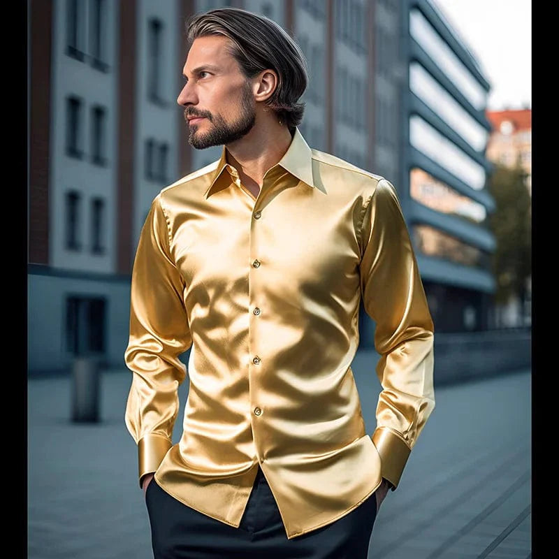 Luxury men's satin dress shirt by SHOWLU FASHION, solid silk tuxedo shirt with smooth, elegant fabric for wedding or business wear.