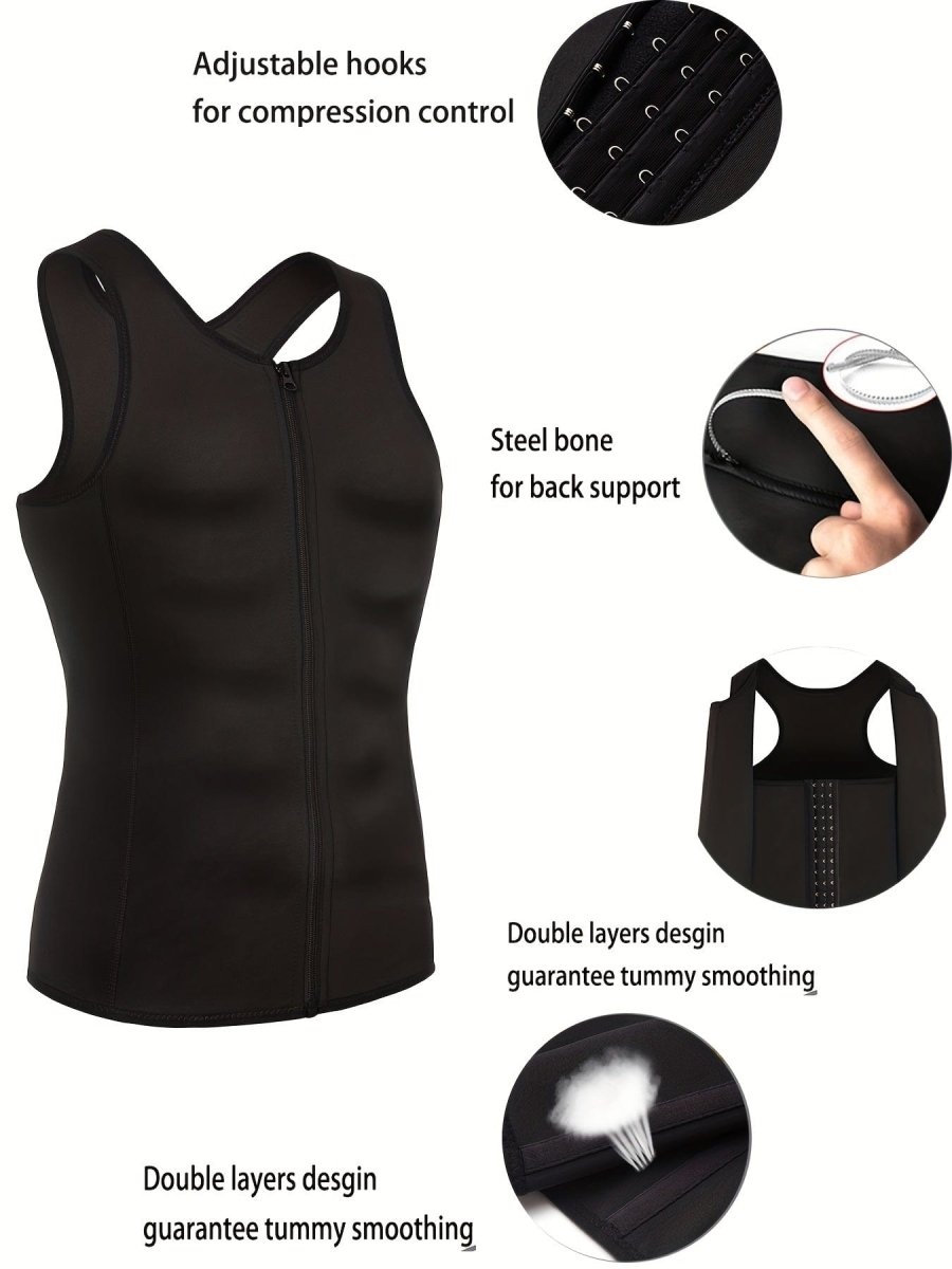 Men's compression body shaper vest with zipper, sculpting support for tummy and chest, slim fit slimming tank top for confidence.