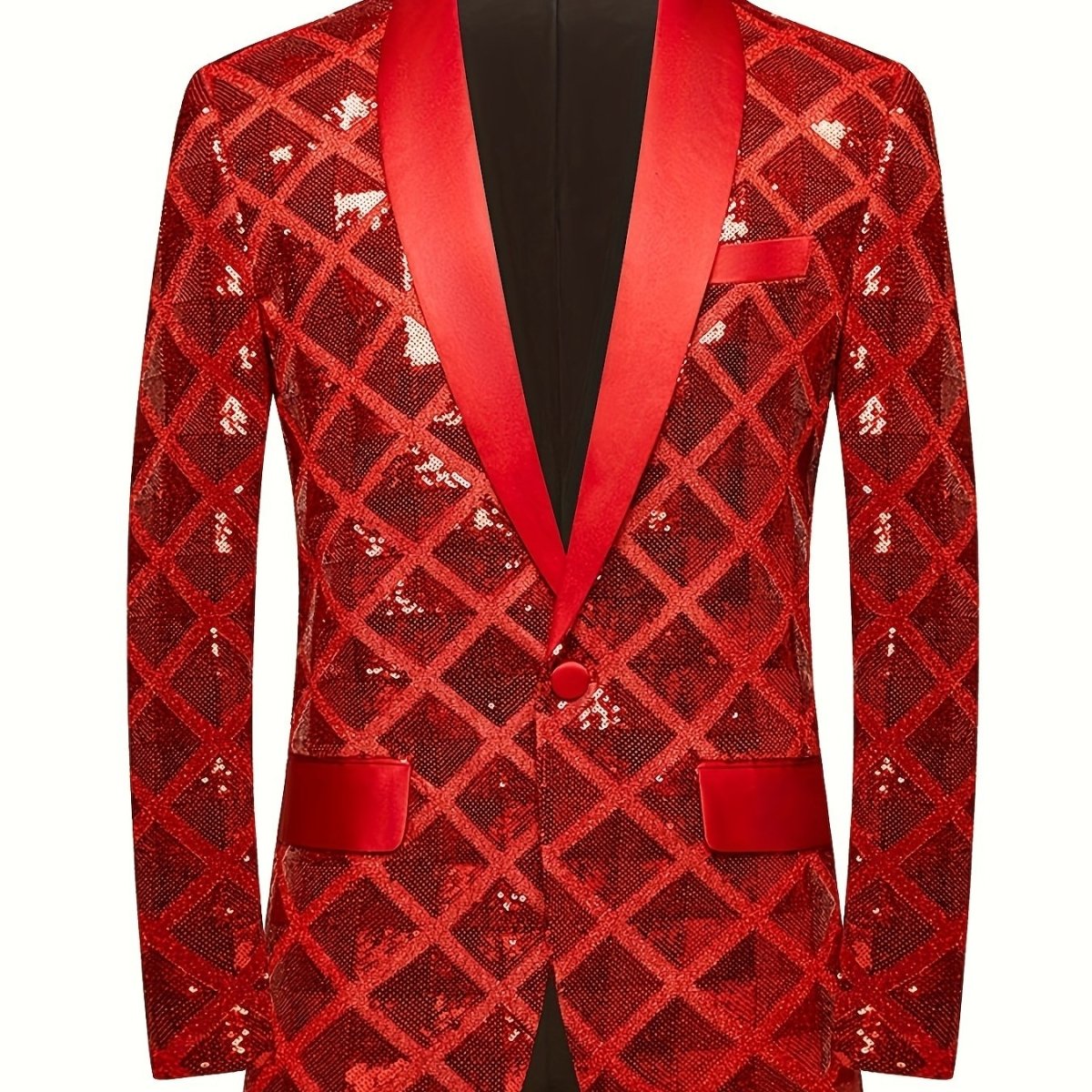 Men's SHOWLU FASHION sequin geometric suit jacket with shawl collar, long sleeves, and pockets, ideal for weddings and evening events.