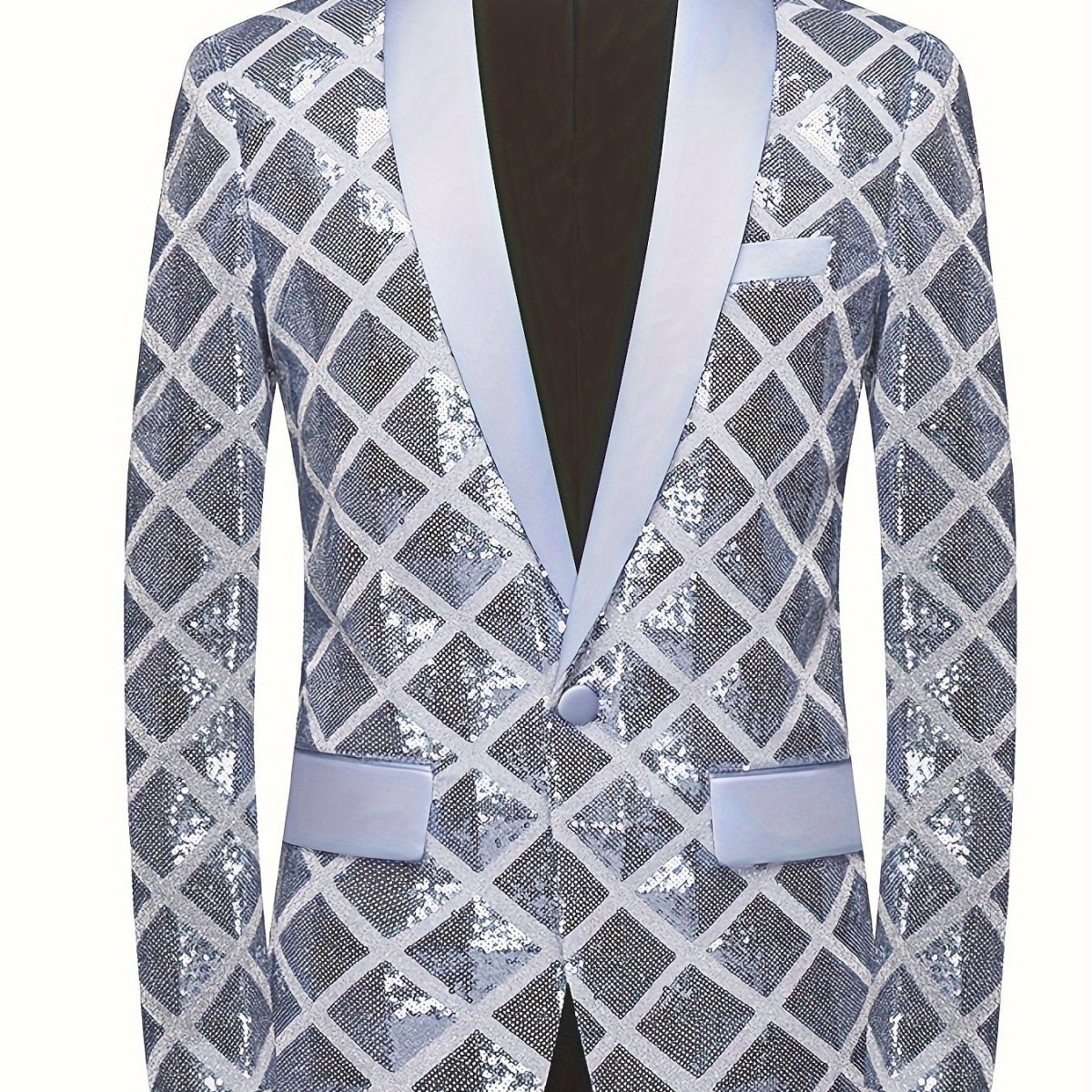 Men's SHOWLU FASHION sequin geometric suit jacket with shawl collar, one-button blazer, long sleeves, and pockets for formal events.