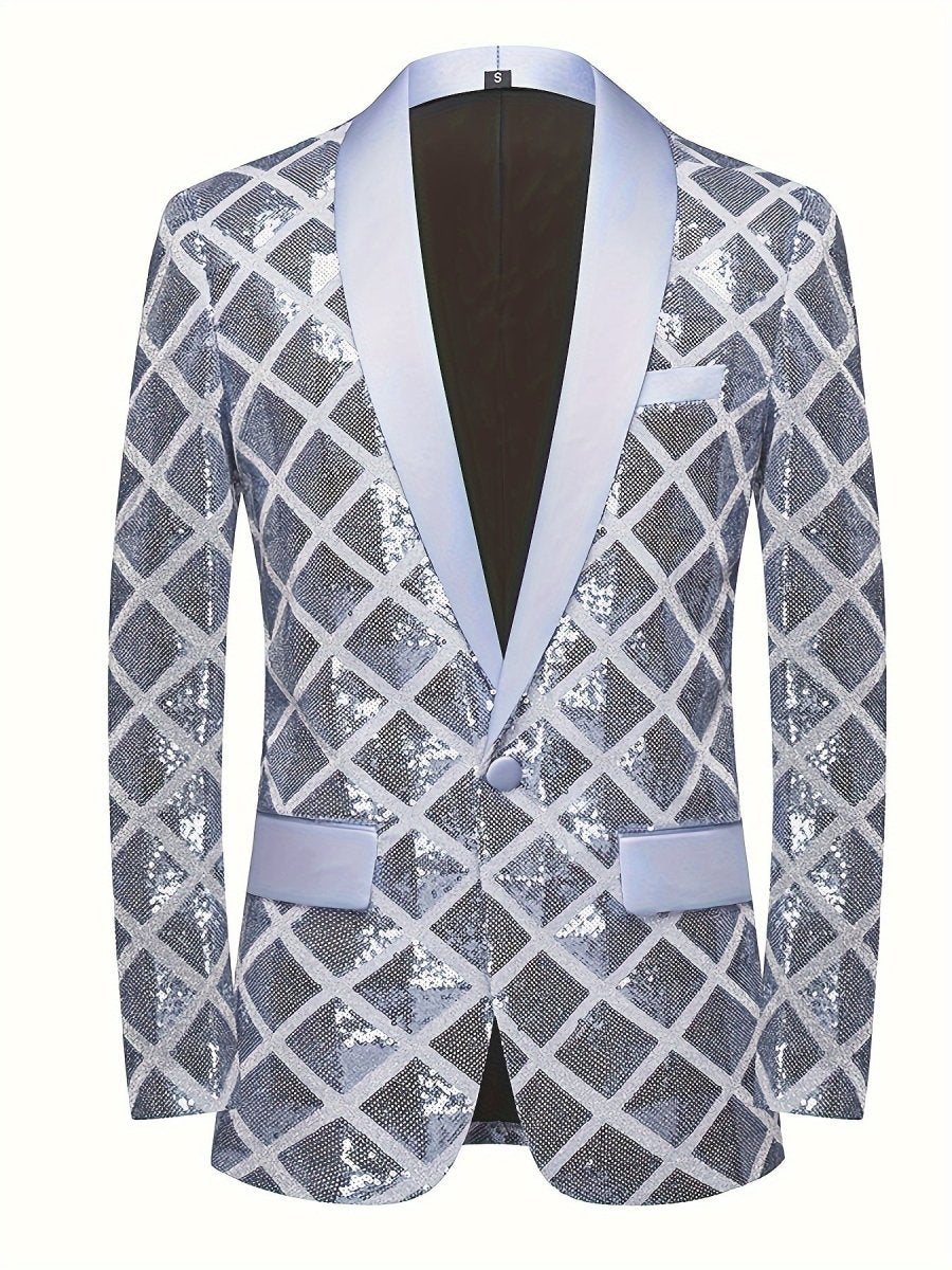 Men's SHOWLU FASHION sequin geometric pattern suit jacket with shawl collar, one-button blazer, long sleeves, and pockets for formal occasions.