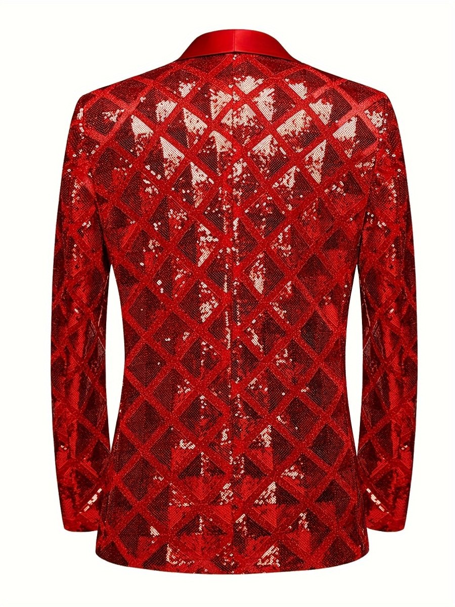 Men's SHOWLU FASHION sequin geometric pattern suit jacket with shawl collar, one-button blazer, long sleeves, and pockets for formal events.