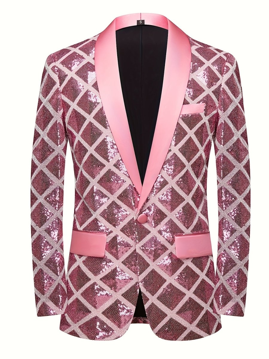 Men's SHOWLU FASHION sequin geometric pattern blazer with shawl collar, one-button closure, long sleeves, and pockets for formal occasions