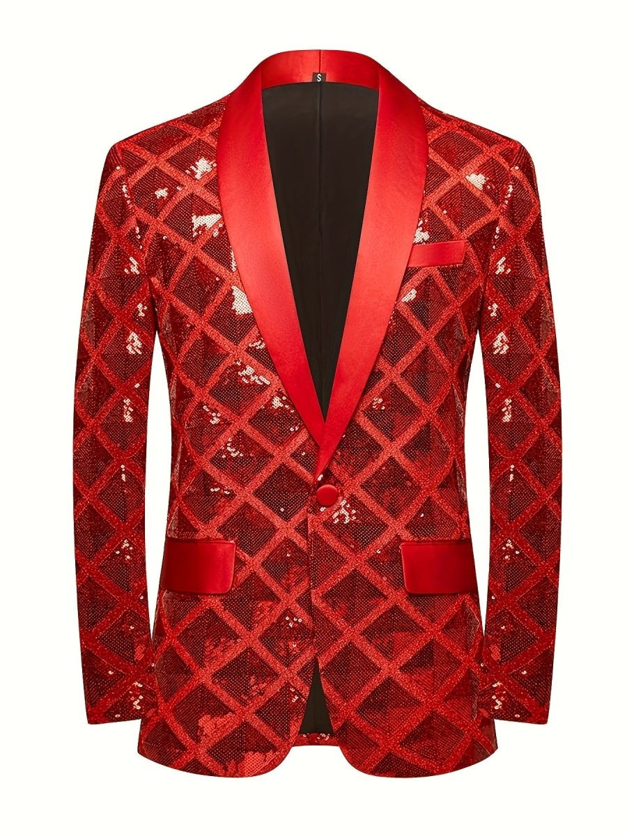 Men's SHOWLU FASHION sequin geometric suit jacket with shawl collar, one-button blazer, long sleeves, and pockets for elegant events.