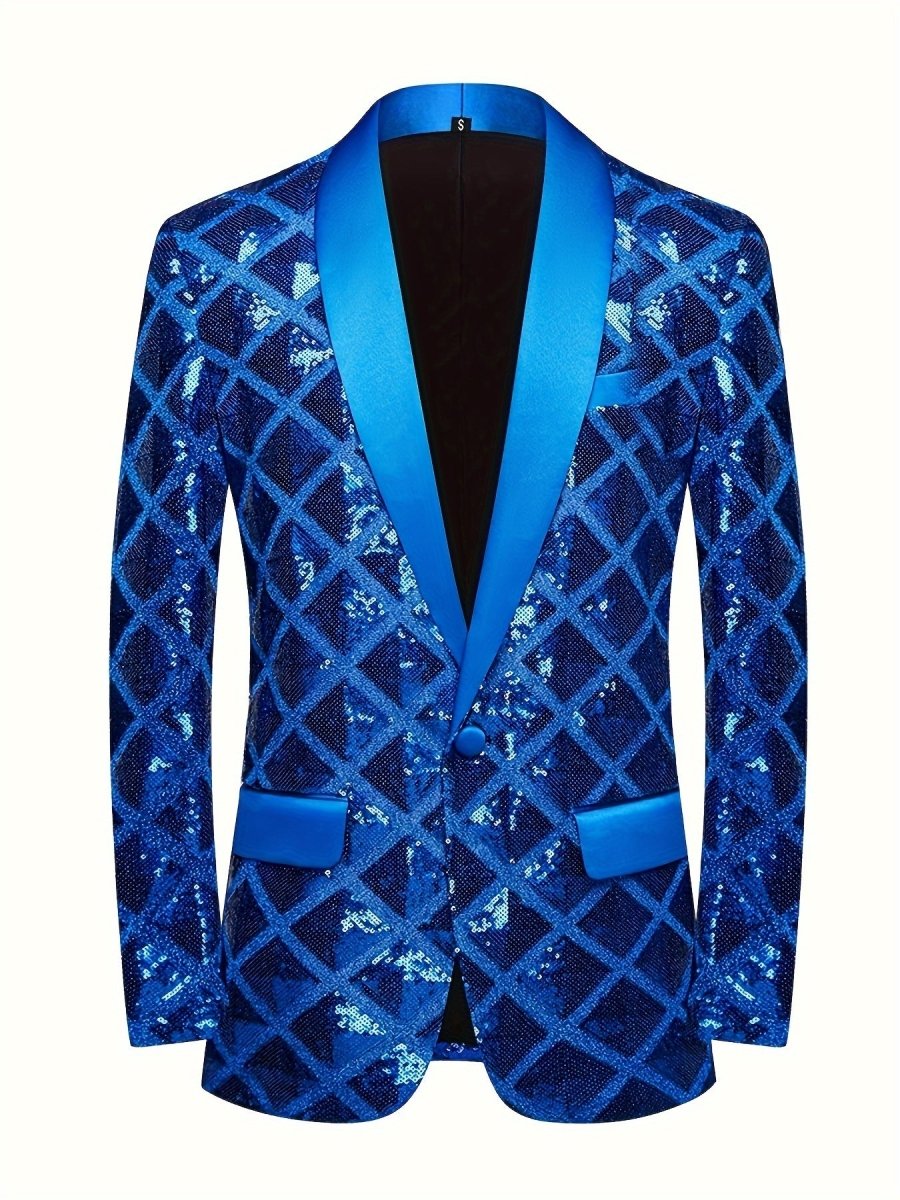 Men's SHOWLU FASHION sequin geometric suit jacket with shawl collar, one-button blazer, long sleeves, and pockets for formal events.