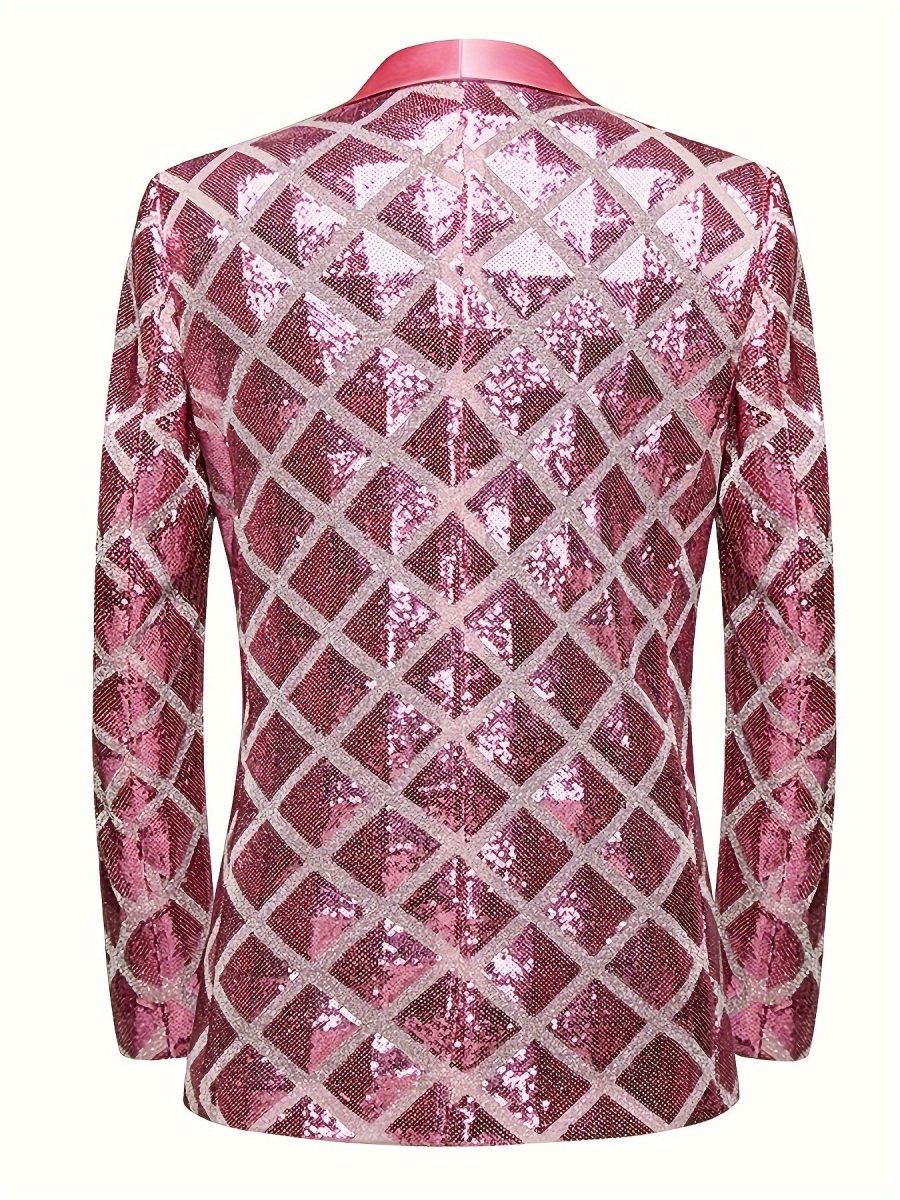 Men's SHOWLU FASHION sequin geometric blazer with shawl collar, one-button closure, long sleeves, and pockets for elegant events.
