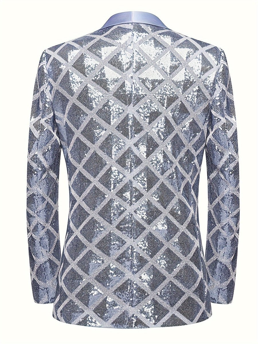 Men's SHOWLU FASHION sequin geometric suit jacket with shawl collar, one button, long sleeves, and pockets for elegant evening wear