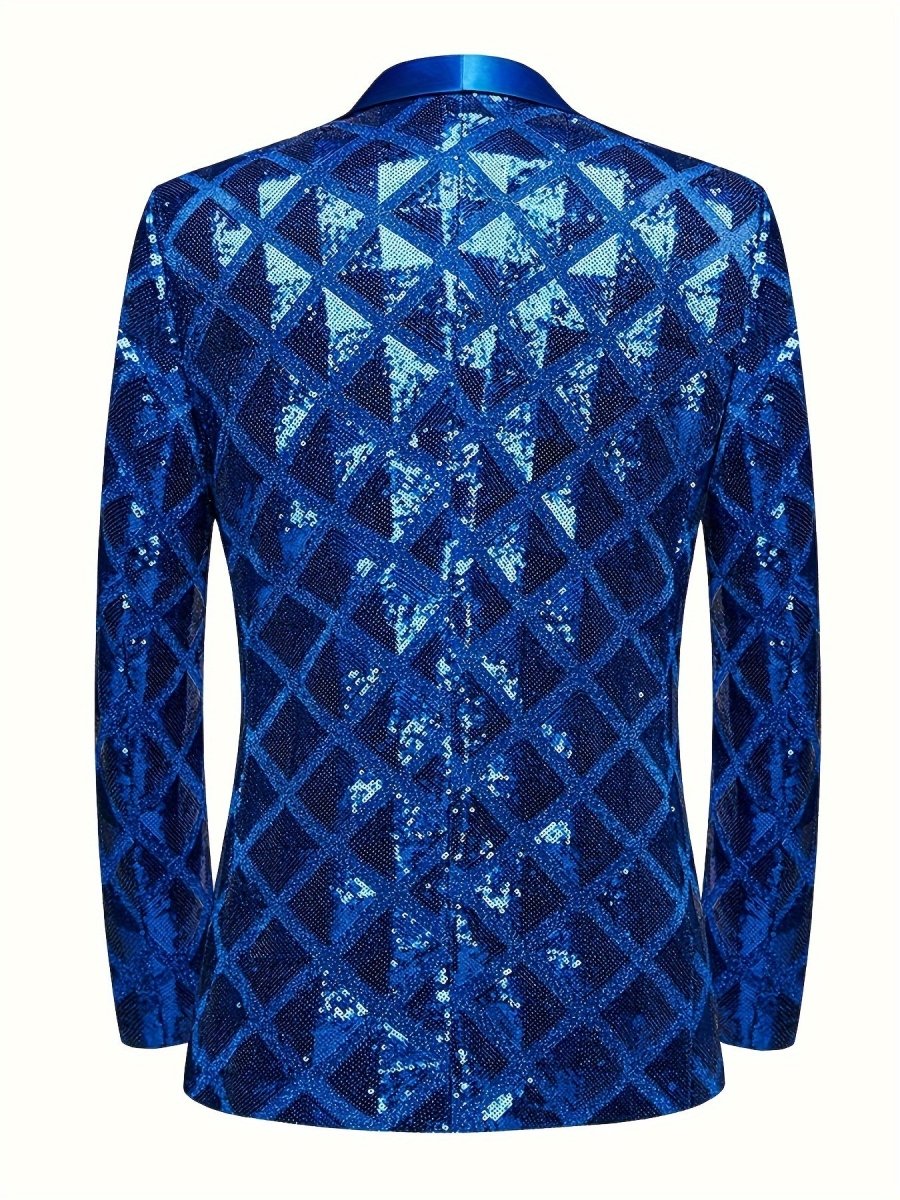 SHOWLU FASHION men's sequin geometric pattern suit jacket with shawl collar, one button, long sleeves, and pockets for elegant events